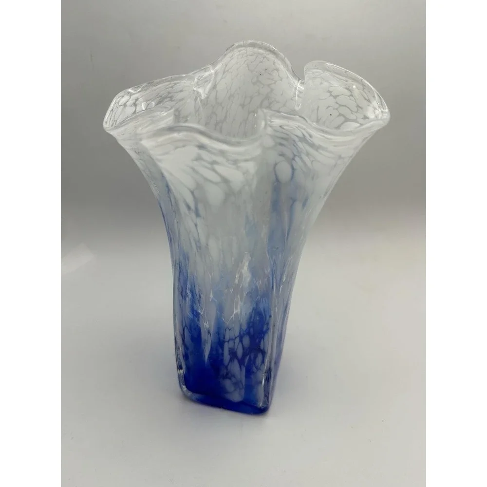 Hand Blown Art Glass Vase Blue White Spatter Ruffled Rim Studio Glass - Picture 1 of 10